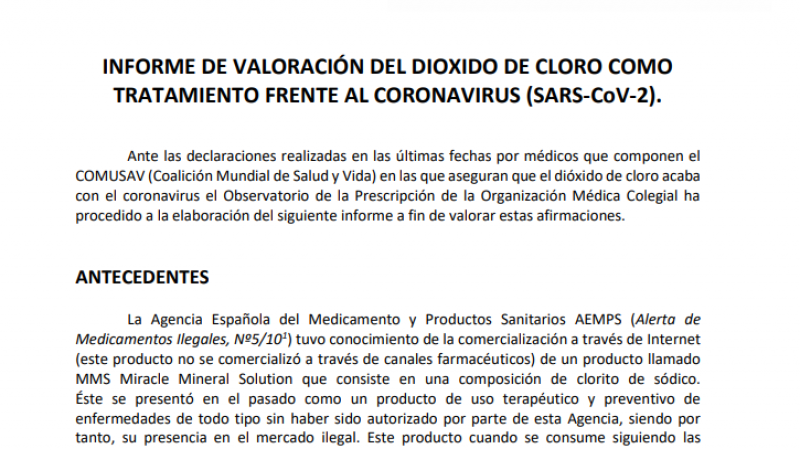 INFORME DE VALORACIÓN DEL DIOXIDO DE CLORO COMO TRATAMIENTO FRENTE AL CORONAVIRUS (SARS-CoV-2)