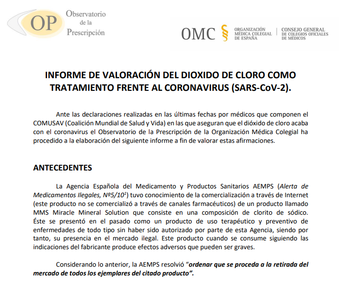 INFORME DE VALORACIÓN DEL DIOXIDO DE CLORO COMO TRATAMIENTO FRENTE AL  CORONAVIRUS (SARS-CoV-2).