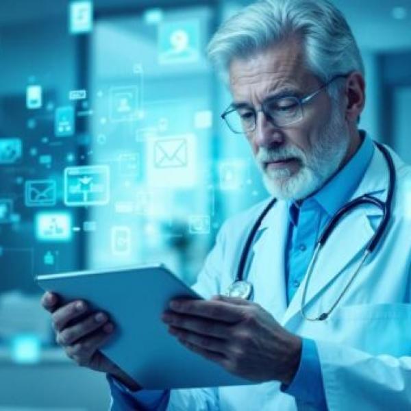 médico mirando tablet